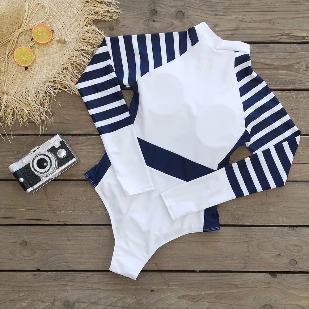 Sporty White and Navy Blue Striped Zip-Up Long Sleeve Rash Guard Swimsuit - Picture 6 of 16